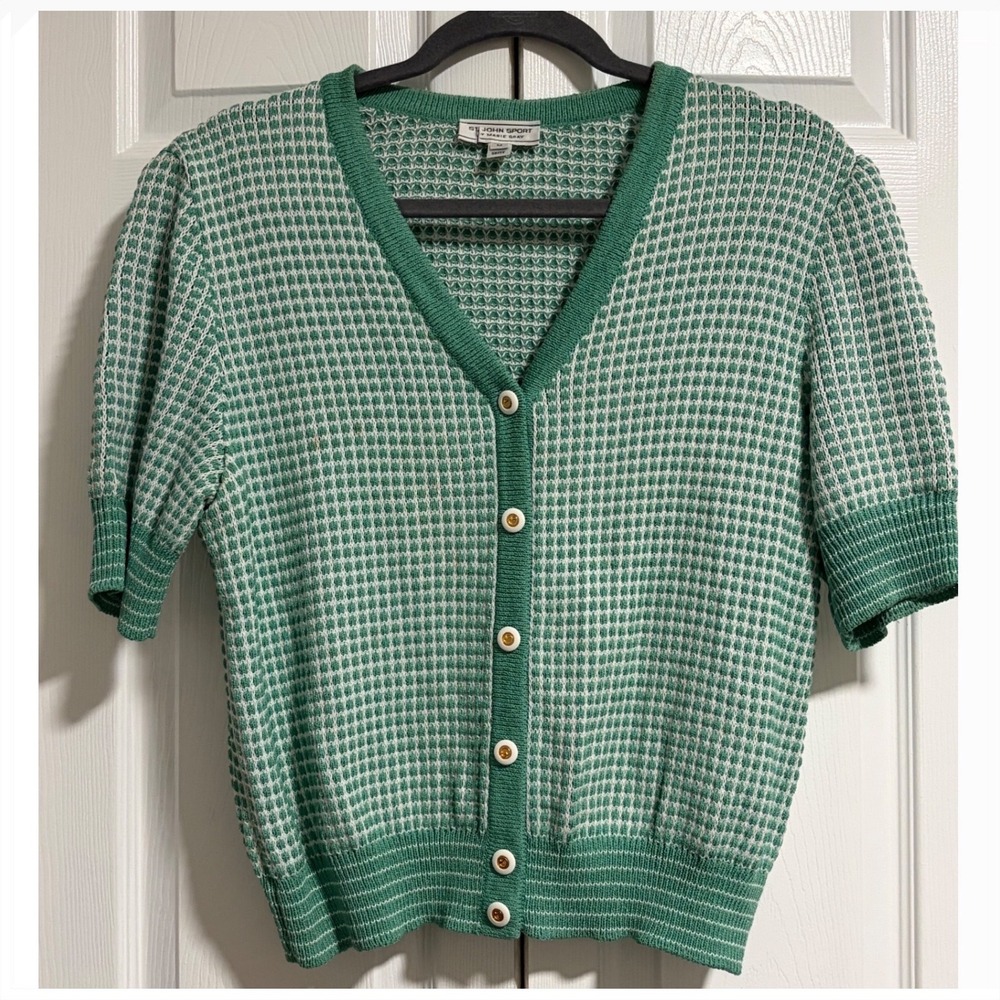 St John Sport Marie Gray Green White Textured Knit Button Cardigan Sweater SizeM